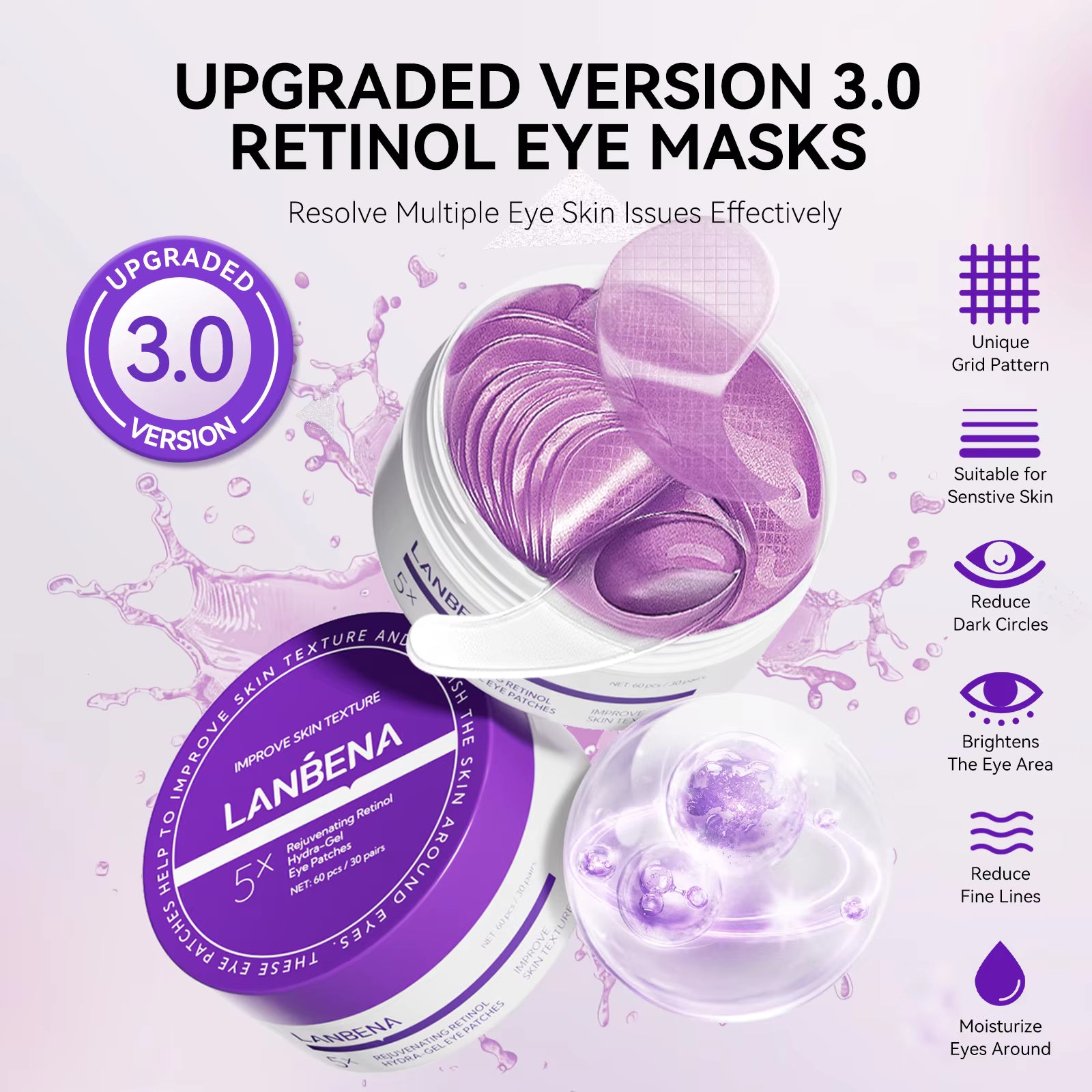 LANBENA Rejuvenating Retinol Hydra-Gel Eye Patches – Anti-Wrinkle & Dark Circle Care